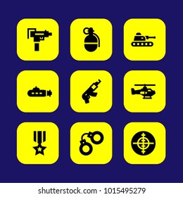 Weapon vector icon set. heater, gun, aim and rifle