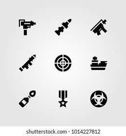 Weapon vector icon set. molotov cocktail, medal, aim and cruiser