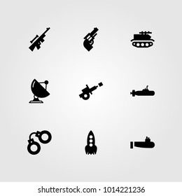 Weapon vector icon set. revolver, cannon, radar and sattelite