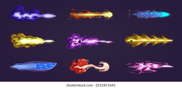 Efeitos visuais da arma. Arma futurista de tiro afeta energia, laser, plasma, fumaça, raios, relâmpagos. conjunto de animação 2D, modelo VFX, videogame, livro de quadrinhos, ilustração de vetor de desenhos animados.