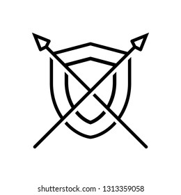 Weapon of war icon: Spear and shield with outlined style