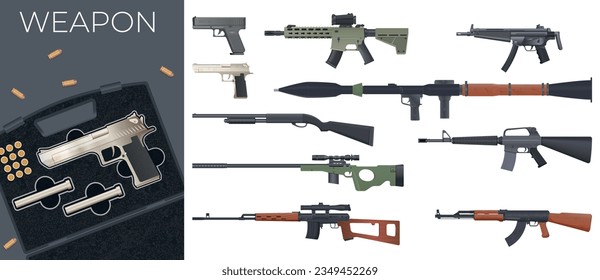 Weapon-Krieg-realistische Komposition mit Pistolenkit und Satz isolierter Gewehricons auf unleerem Hintergrund, Vektorgrafik