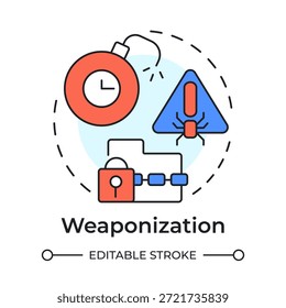 Ícone de conceito de multi-cor para uso em armas. Ataque de hackers, problema de segurança. Criptografia de dados, vírus de malware. Ilustração de linha de forma redonda. Ideia abstrata. Design gráfico. Fácil de usar no folheto