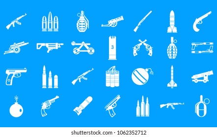 Weapons ammunition icon set. Simple set of weapons ammunition vector icons for web design isolated on blue background