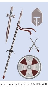 Weapons and armor of the Middle Ages. Set of vector illustration concept.
