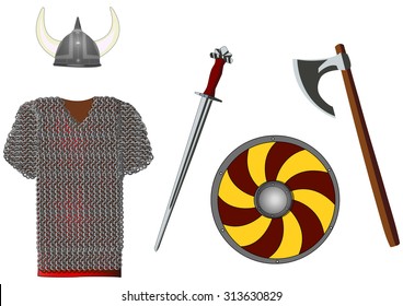 Weapons and armors set of viking, isolated on white, vector illustration