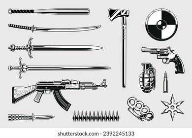 Armas de diferentes épocas. Elementos de diseño aislados. Conjunto de objetos militares vectoriales en blanco y negro.