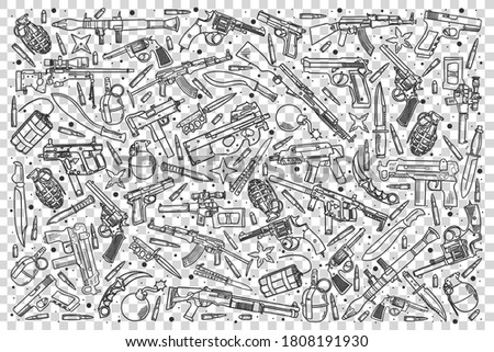 Weapons doodle set. Collection of hand drawn sketches templates patterns of guns rifles shotguns revolvers granades on transparent background. Military equipment illustration.