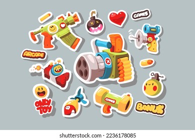 Los iconos Armas para juegos establecen la ilustración vectorial. Concepto de armas, explosivos, bombas y sonrisas planas