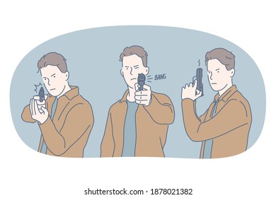 Weapons and gun concept. Young angry aggressive man cartoon character in casual clothing standing and aiming to shoot with gun vector illustration 