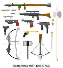 Weapons guns pistols submachine assault rifles sniper knife handgun bullets icons vector illustration.