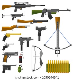 Weapons guns pistols submachine assault rifles sniper knife handgun bullets icons vector illustration.