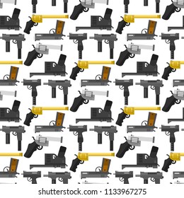 Weapons guns pistols submachine assault rifles seamless pattern background handgun bullets vector illustration.