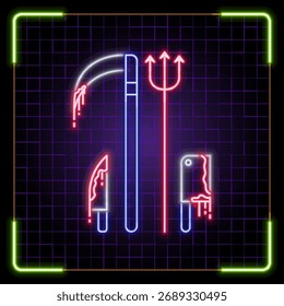 Ilustración de ícono de armas, colección de Vector de Halloween, visual de neón cibernético, marcos de bordes brillantes.	