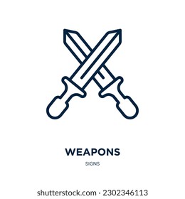 icono de armas de la colección de signos. Armas lineales delgadas, arma, icono de la línea de guerra aislado en fondo blanco. Signo de armas vectoriales de línea, símbolo para web y móvil