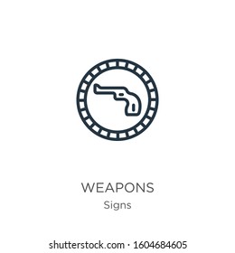 Weapons icon. Thin linear weapons outline icon isolated on white background from signs collection. Line vector sign, symbol for web and mobile