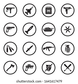 Weapons Icons. Black Flat Design In Circle. Vector Illustration.