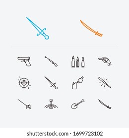 Weapons icons set. Bat and weapons icons with bullets, revolver and half broken bottle. Set of center for web app logo UI design.