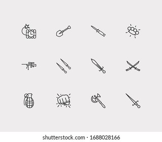 Weapons icons set. Battle axe and weapons icons with sword, brass knuckles and ticking bomb. Set of cutting for web app logo UI design.