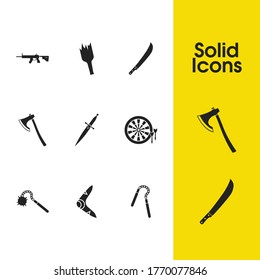 Weapons icons set with dagger, half broken bottle and boomerang elements. Set of weapons icons and sharp concept. Editable vector elements for logo app UI design.
