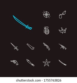 Juego de iconos de armas. Iconos de granadas y armas con daga, cuchillo del ejército y puntapiés. Conjunto de diseño de interfaz de usuario tradicional para el logotipo de la aplicación web.