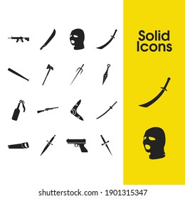 Waffensymbole mit Maschinengewehr, Stiletto und maschinellen Elementen. Set von Waffen-Symbole und japanisches Schwertkonzept. Bearbeitbare Vektorelemente für Logo-App UI-Design.