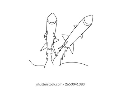 Armas para lanzar ataques con misiles. concepto nuclear y de misiles. Diseño de dibujo de línea única. Ilustración gráfica de Vector