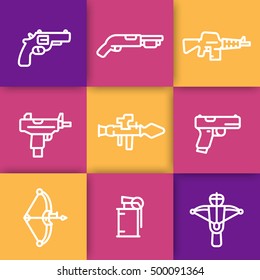 weapons line icons, rocket launcher, pistol, submachine gun, rifle, revolver, shotgun, crossbow