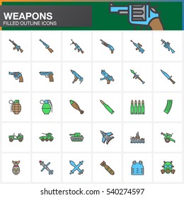 Weapons line icons set, Arms filled outline vector symbol collection, linear colorful pictogram pack isolated on white. Signs, logo illustration