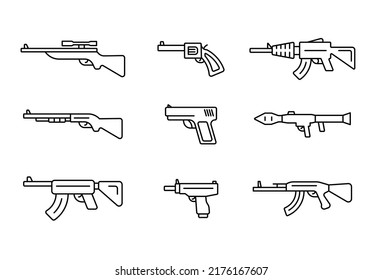 Iconos de línea de armas configurados en fondo blanco
