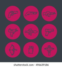 weapons line icons set, rocket launcher, pistol, submachine gun, assault rifle, revolver, shotgun, grenade, crossbow, vector illustration