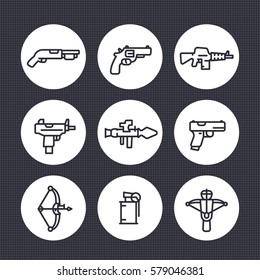 weapons line icons set, rocket launcher, pistol, submachine gun, assault rifle, revolver, shotgun, grenade, crossbow vector pictograms