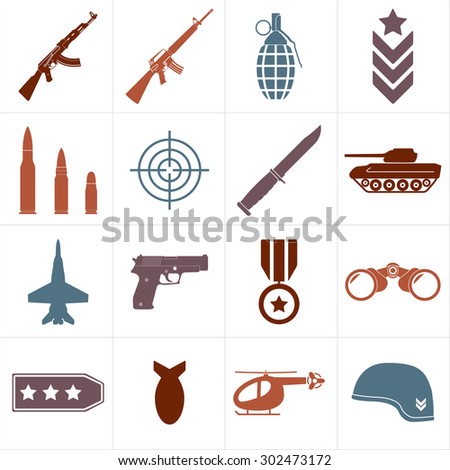 Weapons and military icon set isolated on white background. Symbolics and badge for army. Colorful vector illustration.