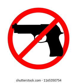 Weapons no icon. Stop guns sign. Gun in the red prohibition sign. Isolated icon on white background. Vector illustration