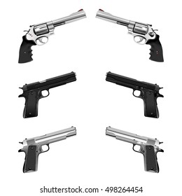 Weapons pistol and a revolver. shown in different positions, isolated objects can be used with any image or text.