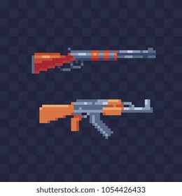 Weapons pixel art icons set Kalashnikov assault rifle AK 47 and gun isolated vector illustration. Design for sticker and logo. Video game 8-bit sprite.