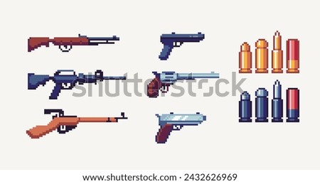 Weapons pixel art set. Guns, rifle and bullets collection. 8 bit. Game development, mobile app. Isolated vector illustration. Cross stitch pattern.