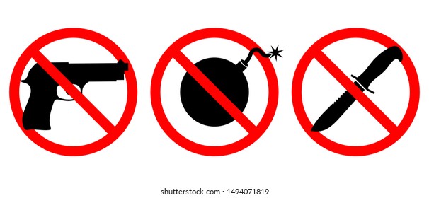 Weapons Are Prohibited Icons Set. Guns, Knives, Bombs Are Banned. Weapons In The Red Prohibition Sign Isolated  Set Symbols On White Background. Vector Illustration