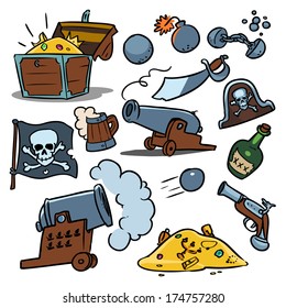 weapons, rum and pirate treasure