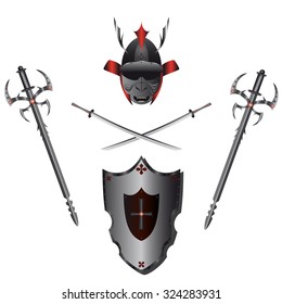weapons of the samurai, helmet, sword, shield