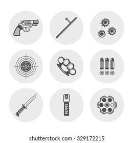 Weapons and self defensive equipment, shooting range, gun shop round silhouette icons 
