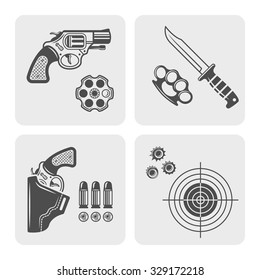 Weapons and self defensive equipment, shooting range, gun shop black icons and design elements