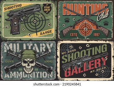 Weapons set emblems vintage colorful military ammo for soldiers fortune and hunters in military style of 20th century vector illustration