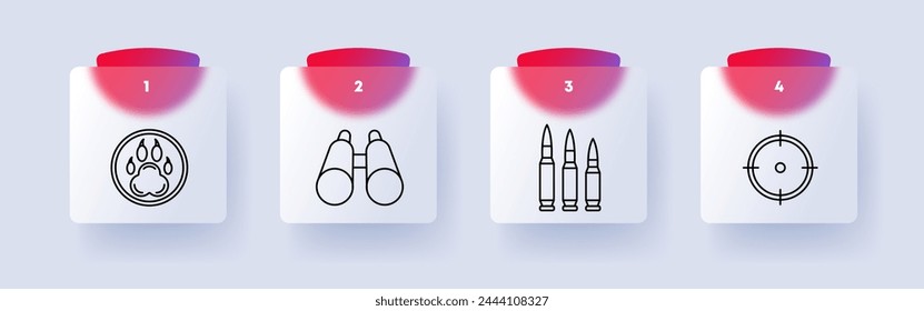 Icono de armas. Insignia de pata de oso, cresta de cazador, vista, cruz, bala, calibre, binoculares, lentes, cuerda de arco, numeración. Concepto de armas de caza y caza. Estilo de morfismo de vidrio.