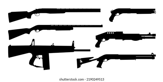 Weapons silhouette set. Collection of various shotguns. Vector illustration