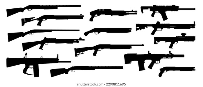 Weapons silhouette set. Collection of various shotguns. Vector illustration