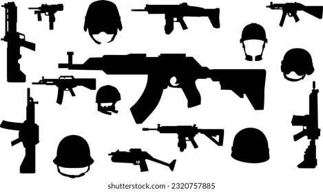 Juego de siluetas de armas. Recogida de diversas armas de fuego realistas. Fusiles aislados de asalto, fusiles de francotiradores, escopetas, pistolas, ametralladoras, pistolas históricas y otros. Vector. Ilustración 3D