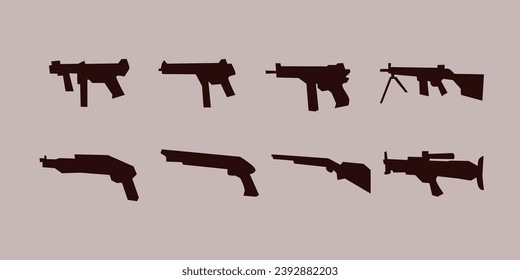 Weapons silhouette set. Collection of various firearms