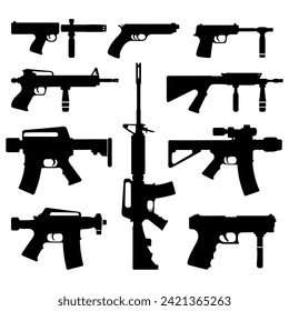 Waffenseitenset. Sammlung verschiedener realistischer Feuerwaffen. Einzeln gewölbte Gewehre, Scharfschützen, Gewehre, Handfeuerwaffen, Maschinengewehre, historische Gewehre und andere. Vektorgrafik.