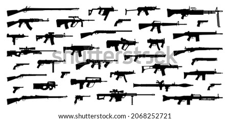 Weapons silhouette set. Collection of various realistic firearms. Isolated assult rifles, sniper rifles, shotguns, handguns, machine guns, historical guns and other. Vector illustration.